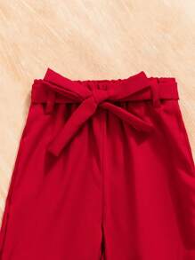 2 件套年轻女孩休闲太阳镜字母印花荷叶边长袖 T 恤和蝴蝶结腰裤套装，适合春季/秋季 - 紅色 - 查看 4