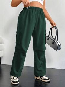 Flirla Quần túi hộp kiểu Mỹ cổ điển màu trơn cỡ lớn cho nữ - Màu xanh lá cây đậm - Xem 4