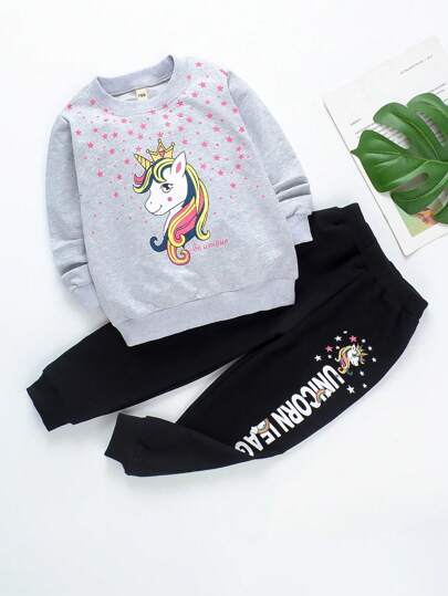SHEIN Young Girl Letter And Unicorn Print Pullover & Sweatpants