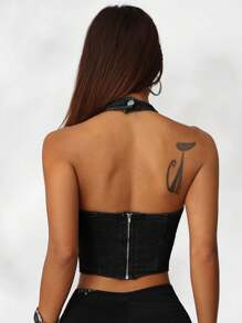 SHEIN ICON Women's Denim Halter Neck Bodycon Blouse - Black - View 2