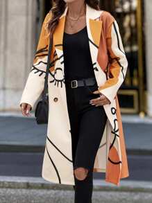 SHEIN LUNE 女士休闲抽象面部艺术图案常规大衣夹克秋冬季 - 彩色 - 查看 1