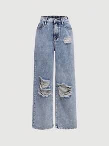 SHEIN Jeans rectos rasgados de primavera y verano de estilo urbano Y2K para niña preadolescente, ropa de verano para niñas - Azul lavado medio - Ver 1