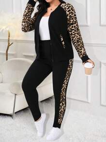 SHEIN LUNE Conjunto informal de 2 piezas de chaqueta de manga raglán con estampado de leopardo y pantalones para mujer talla grande, primavera-otoño - Negro - Ver 6