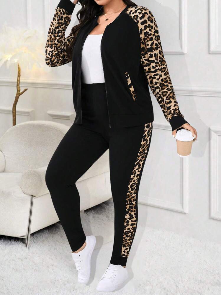 SHEIN LUNE Plus Size Women Leopard Print Raglan Sleeve Jacket And Pants 2pcs Casual Set, Spring-Autumn Fall Cloth For Women - Black - View 6