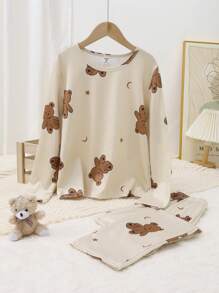 2 件装 Tween Girl 杏色休闲可爱熊印花圆领运动衫和裤子家居服套装