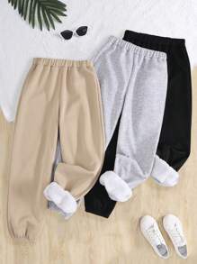 SHEIN Tween 女童休闲运动运动裤舒适内绒保暖慢跑裤套装，适合旅行、上学、日常聚会、秋冬，黑色/灰色/卡其色 - 彩色 - 查看 8