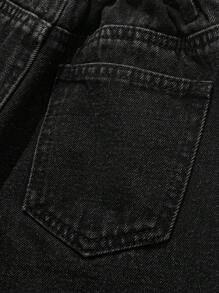 SHEIN 青少年男孩时尚休闲基本款黑色直筒牛仔裤，饰有装饰边，适合感恩节服装、日常穿着以及秋冬季穿着。 - 黑色 - 查看 4