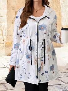 大码女式花卉印花落肩长袖拉链休闲连帽外套，秋冬 - 彩色 - 查看 5