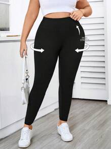 Elenzga Plus Size Solid Color Loose Waist Side Pocket Leggings Fall Cloth For Women - Black - View 4