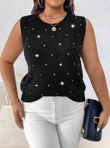 SHEIN Unity Áo len dệt kim không tay đính pha lê cỡ lớn cho nữ - màu đen - Xem 1