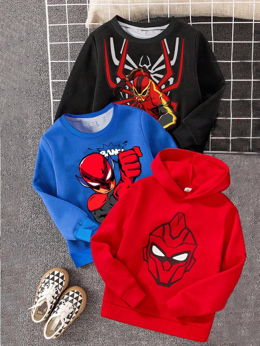 SHEIN Teen Boys Spider Three Pieces Sweatshirt Halloween Halloween Sweatshirt Essentials Sweatshirt Long Sleeve - Multicolor - View 1