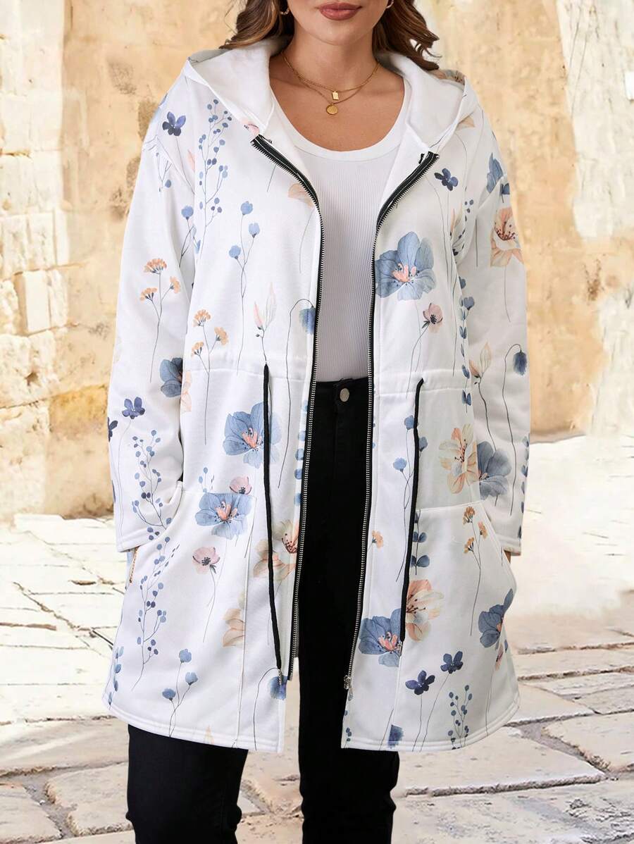 大码女式花卉印花落肩长袖拉链休闲连帽外套，秋冬 - 彩色 - 查看 1
