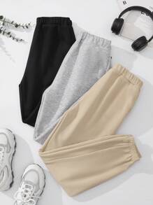 SHEIN Tween 女童休闲运动运动裤舒适内绒保暖慢跑裤套装，适合旅行、上学、日常聚会、秋冬，黑色/灰色/卡其色 - 彩色 - 查看 2