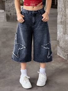 SHEIN Pantalones capri de mezclilla de ajuste holgado con aplicaciones de estrella de cinco puntas en colores neutros, estilo callejero vintage Y2K para niñas adolescentes - Azul lavado oscuro - Ver 6