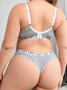 Plus Size Women's Letter Patchwork Elastic Band Comfy Lingerie Set - Grey - View 2