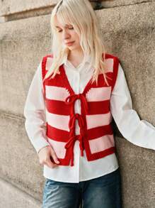 Skyraze Women's Red Striped Knitted Casual Vest For Fall/Winter Red Top Women Tops Women Sweater Vest Hollowed Costumes Geometric Pattern - Red - View 4