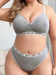 Plus Size Women's Letter Patchwork Elastic Band Comfy Lingerie Set - Grey - View 4
