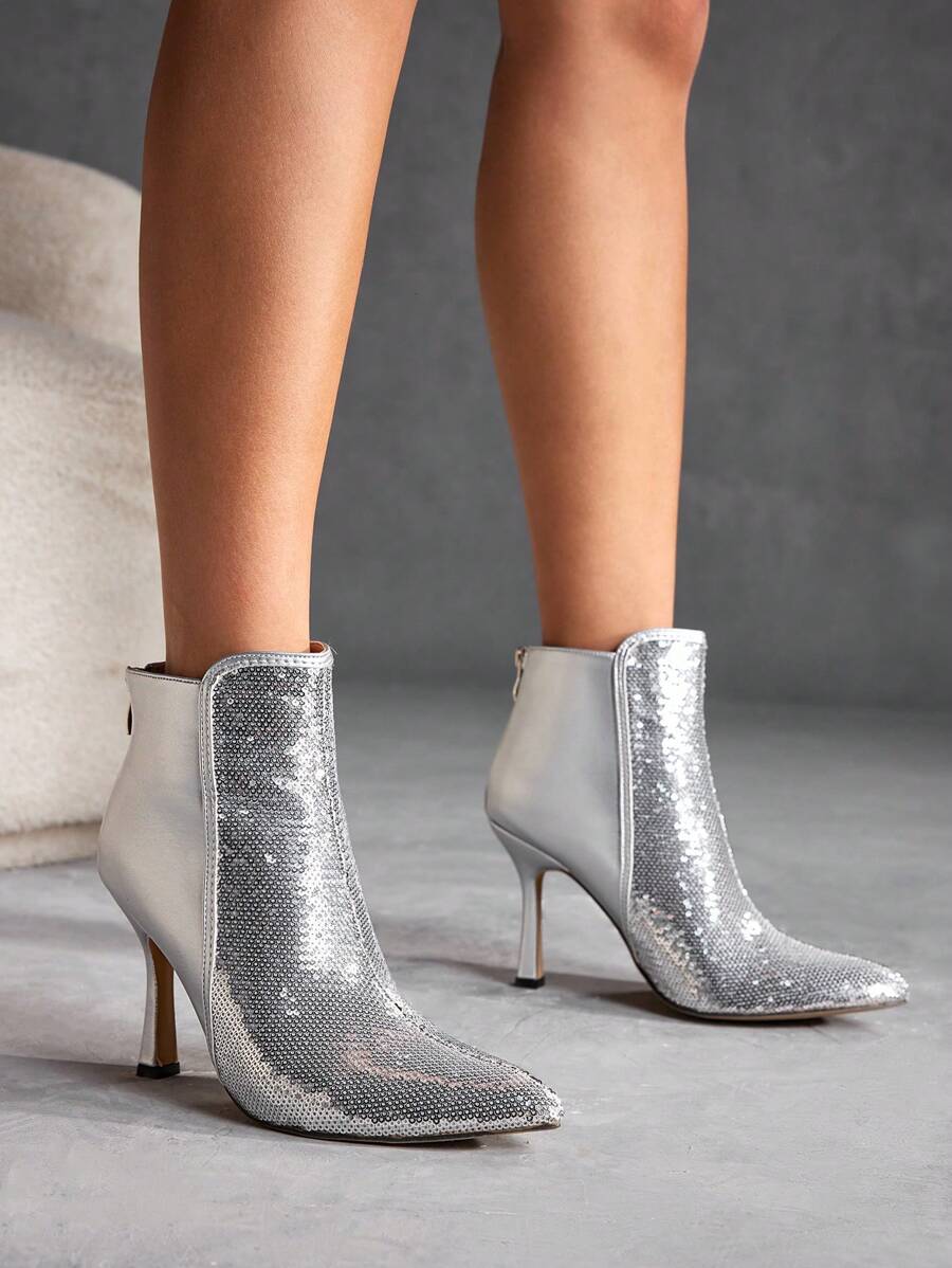 CUCCOO SZL Gợi cảm Và Đúng mốt Màu bạc Long lanh Pointed Toe Giày bốt ngắn Với 9.5cm Giày cao gót , Dây kéo bên Khép kín , Giải trí Phong cách , Đối với phụ nữ In Mùa thu Và Mùa Đông - Bạc - Xem 1