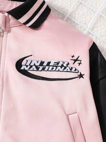 Tween Girls' Stylish Contrast Color Letter & Star Embroidered Baseball Jacket - Baby Pink - View 4