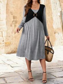 EMERY ROSE Vestido casual de manga larga con bloques de color para mujeres de talla grande, primavera y otoño - Multicolor - Ver 5