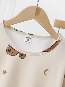 2 件装 Tween Girl 杏色休闲可爱熊印花圆领运动衫和裤子家居服套装