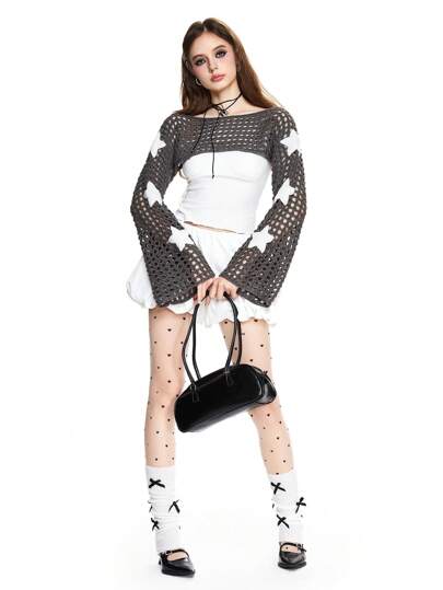Grunge Punk Couvre-tout en tricot ajouré avec broderie d'étoiles et manches évasées, convient pour superposer sur un débardeur ou un Top à fines bretelles pour femmes