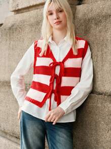 Skyraze Women's Red Striped Knitted Casual Vest For Fall/Winter Red Top Women Tops Women Sweater Vest Hollowed Costumes Geometric Pattern - Red - View 6