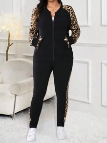 SHEIN LUNE Conjunto informal de 2 piezas de chaqueta de manga raglán con estampado de leopardo y pantalones para mujer talla grande, primavera-otoño - Negro - Ver 4
