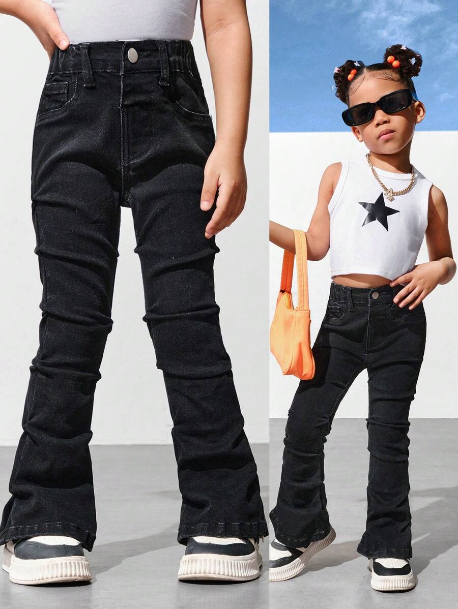 SHEIN Explorewe Young Girls' Black Washed Elastic Ruched Flare Leg Jeans - Black - View 1
