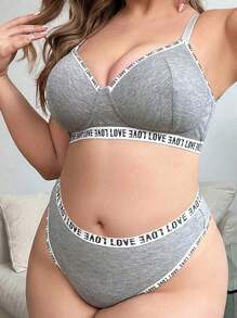 Plus Size Women's Letter Patchwork Elastic Band Comfy Lingerie Set - Grey - View 7