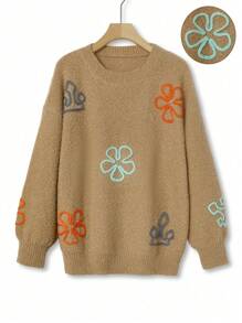 SHEIN LUNE Suéter de punto con cuello redondo, manga larga y aplicaciones florales, para talla grande, para otoño e invierno - Camel - Ver 1