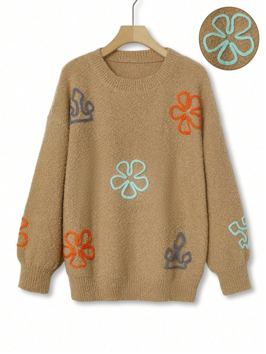 SHEIN LUNE Plus Size Floral Applique Crew Neck Long Sleeve Sweater Knit Pullover Fall Winter - Camel - View 1