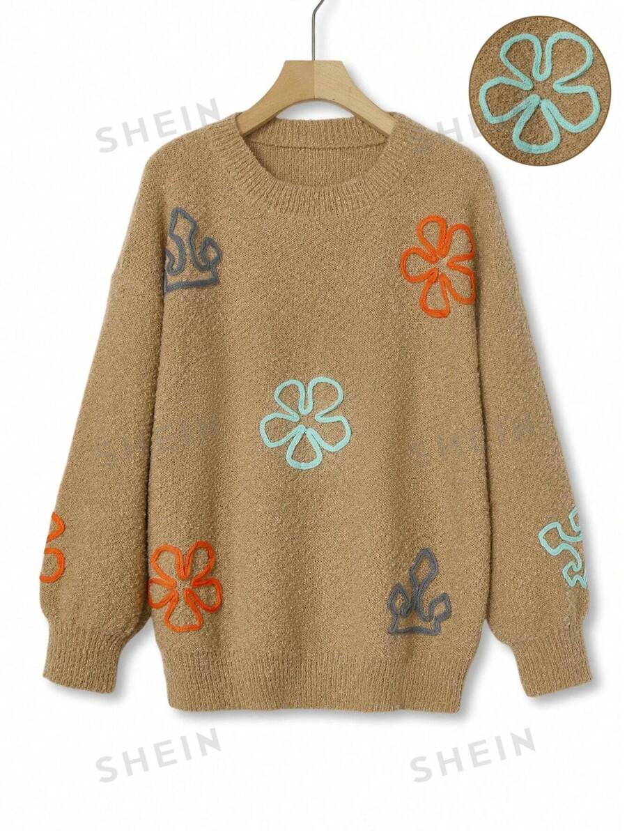 SHEIN LUNE Suéter de punto con cuello redondo, manga larga y aplicaciones florales, para talla grande, para otoño e invierno - Camel - Ver 1