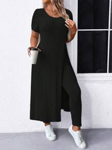 SHEIN LUNE 2pcs Plus Size Women Summer Solid Round Neck Short Sleeve Side Split Hem Ribbed T-Shirt And Pants Casual Set Ribbed Leggings Setcasual Two Pieces Set - Black - View 7
