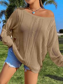 Flirla 大码纯色圆领长袖套头衫 - 卡其色 - 查看 3