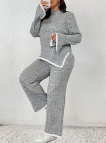 Celure Plus Size Women Casual Color Block Asymmetrical Hem Sweater And Knit Pants Set, Autumn/Winter