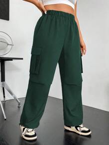 Flirla Quần túi hộp kiểu Mỹ cổ điển màu trơn cỡ lớn cho nữ - Màu xanh lá cây đậm - Xem 8