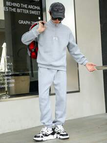 2 件套青少年拉链连帽衫和运动裤套装，秋冬 - 灰色 - 查看 6