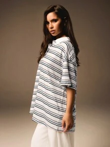 Athîral 女士夏季条纹 Polo 领落肩宽松休闲 T 恤