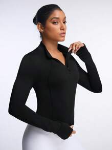 SHEIN Women's Solid Color Raglan Sleeve Slim Fit Casual Sweatshirt - Black - View 4