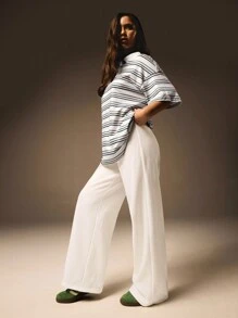 Athîral 女士夏季条纹 Polo 领落肩宽松休闲 T 恤