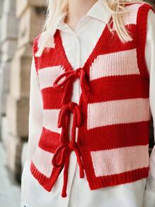 Skyraze Women's Red Striped Knitted Casual Vest For Fall/Winter Red Top Women Tops Women Sweater Vest Hollowed Costumes Geometric Pattern - Red - View 8