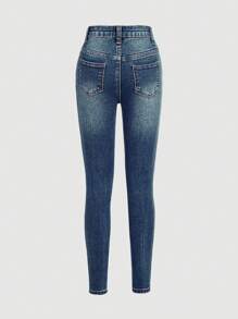 SHEIN Girlism Tween Girl  Y2K Spring Summer Solid Washed Distressed  Denim Jeans,Girls Summer Clothes Pants Outfits - Dark Wash - View 2