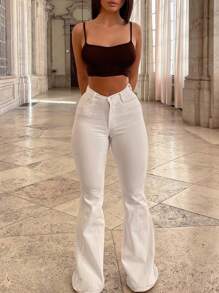 Plain Front Button Pocket Simple Fitted Flare Leg Pants, Casual For Everyday Wear - White - View 3