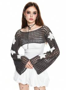 ROMWE Grunge Punk 女式镂空星星刺绣针织罩衫，喇叭袖，适合搭配吊带背心或细肩带上衣 - 深灰色 - 查看 1