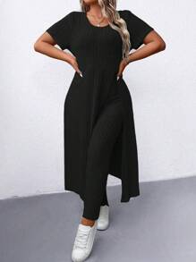 SHEIN LUNE 2pcs Plus Size Women Summer Solid Round Neck Short Sleeve Side Split Hem Ribbed T-Shirt And Pants Casual Set Ribbed Leggings Setcasual Two Pieces Set - Black - View 4