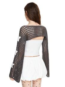 ROMWE Grunge Punk 女式镂空星星刺绣针织罩衫，喇叭袖，适合搭配吊带背心或细肩带上衣 - 深灰色 - 查看 4