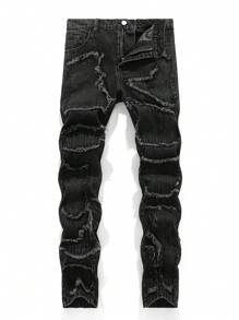 SHEIN 青少年男孩时尚休闲基本款黑色直筒牛仔裤，饰有装饰边，适合感恩节服装、日常穿着以及秋冬季穿着。 - 黑色 - 查看 3