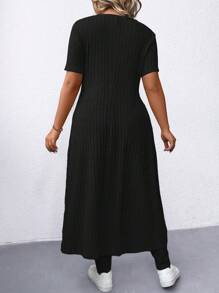 SHEIN LUNE 2pcs Plus Size Women Summer Solid Round Neck Short Sleeve Side Split Hem Ribbed T-Shirt And Pants Casual Set Ribbed Leggings Setcasual Two Pieces Set - Black - View 2