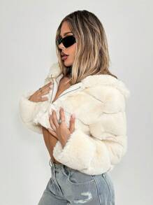 SHEIN ICON Lady's Short Fluffy Jacket, Party Style - Apricot - View 5